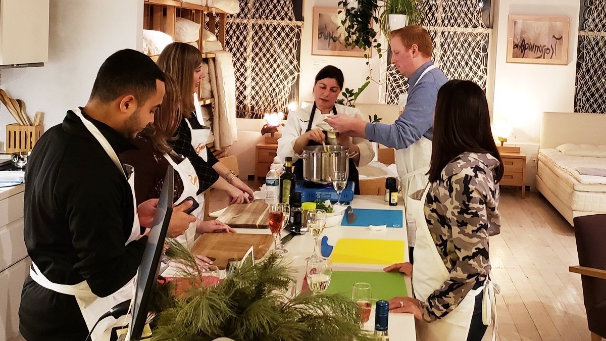 Cooking Greek food with the Ideoli team in New York to relieve stress